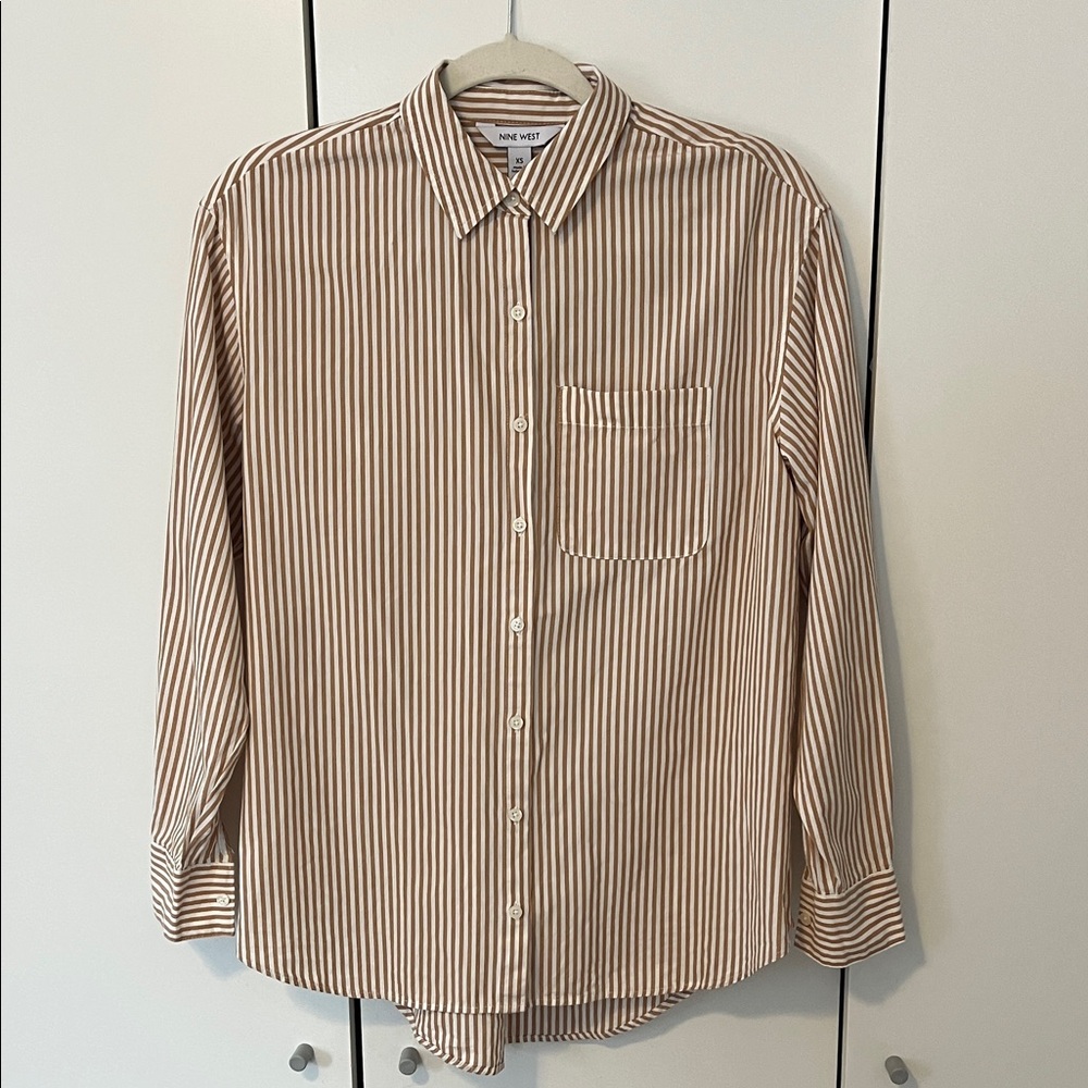 Nine West Beige and White Striped Button Down Shirt